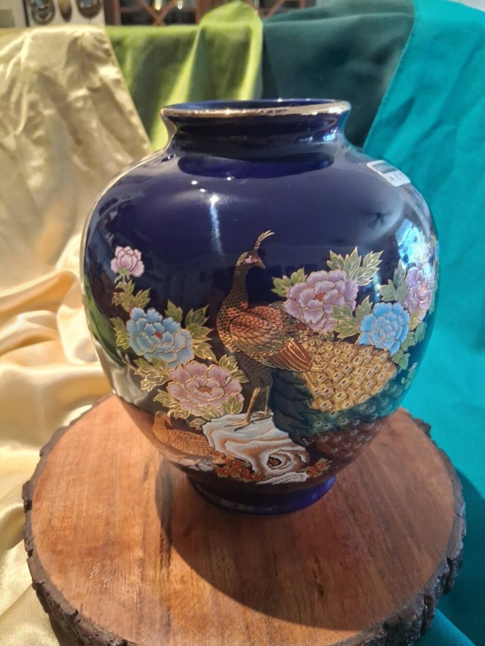 MCM Japanese Cobalt Blue Peacock & Peony Ceramic Vase (circa 1960s–1980s)